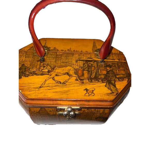 VTG Anton Pieck Wood Landscape Octagon Decoupage Purse Bag Lucite‎ Handle Art - Picture 3 of 6